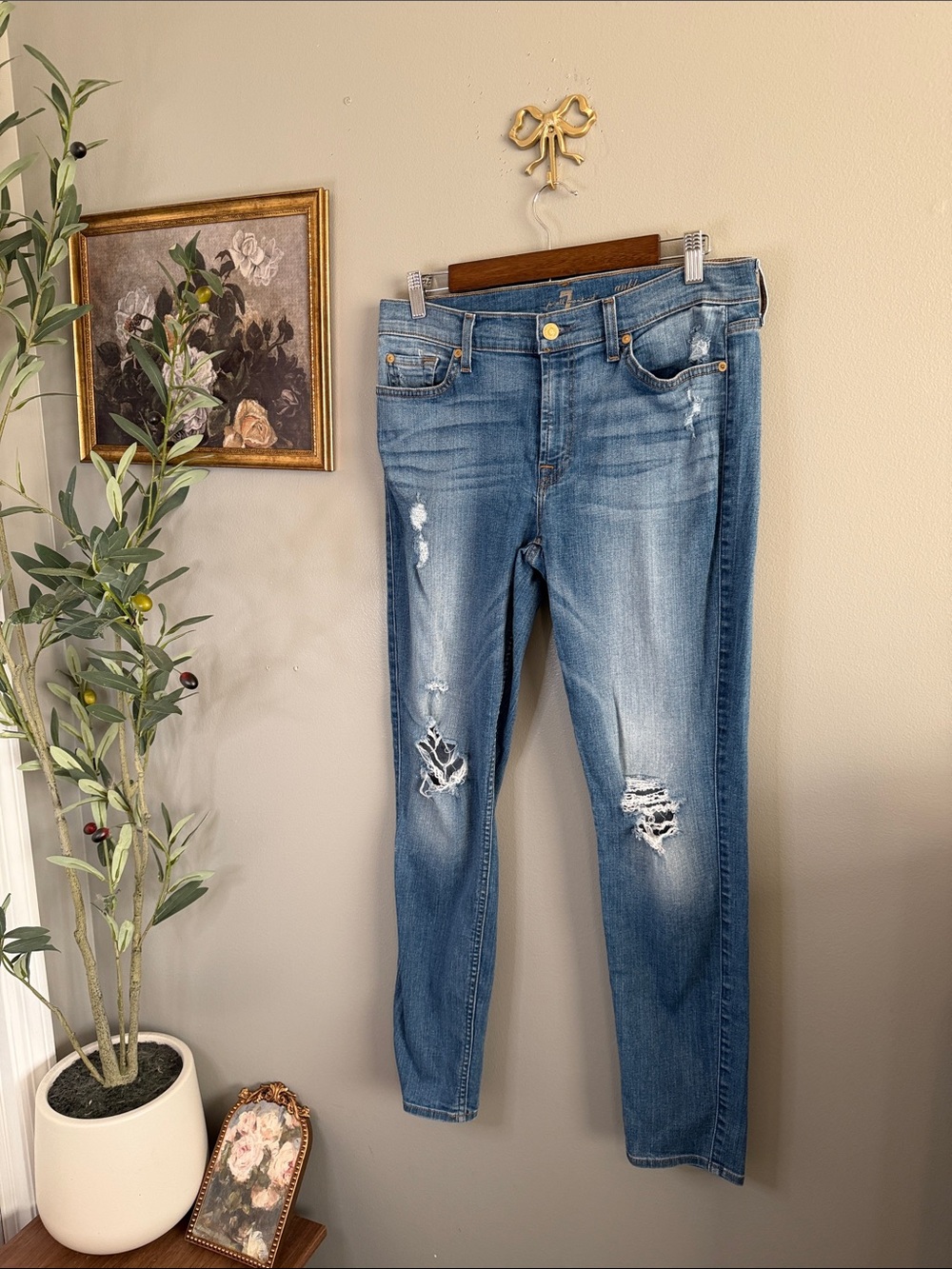 7 For All Mankind Gwenevere Ankle Skinny Jeans Distressed Stretch Denim Size 31 - Picture 5 of 8
